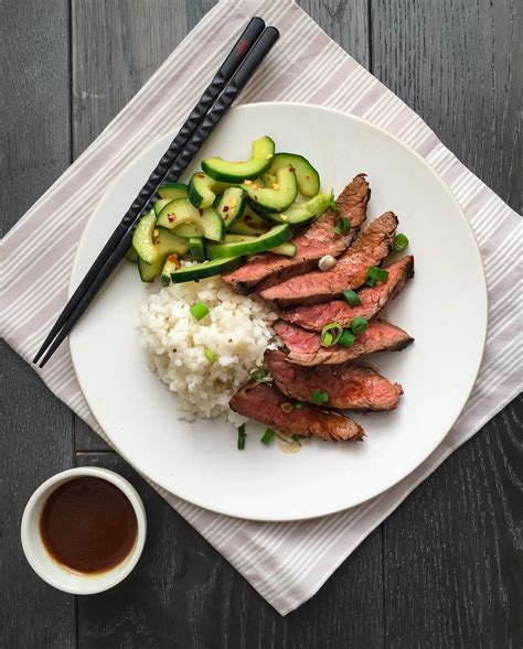 Best Korean Style Grilled Flank Steak With Spicy Cucumbers And Sticky