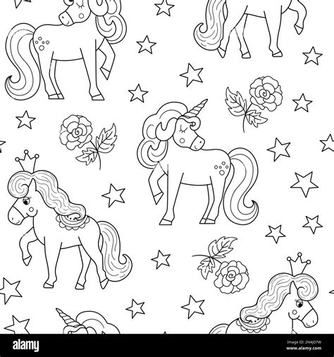 Vector Black And White Seamless Pattern With Unicorn Rose Stars