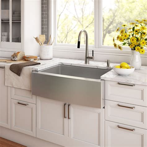 Stainless steel is a longtime favorite for kitchen sanitation, and farmhouse sinks are no fluted stainless steel farmhouse sink: Kraus Stainless Steel 33" x 20.75" Farmhouse Kitchen Sink with NoiseDefend™ Soundproofing ...