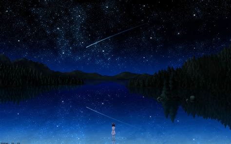 Night Sky Bai Falling Stars Anime Girls Reflections Lakes