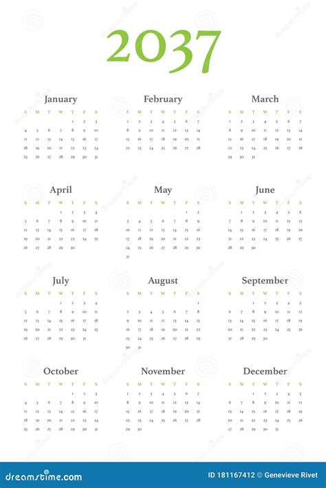 2037 Calendar With The Weeks Start On Monday Vector Illustration