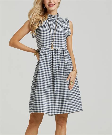 Suzanne Betro Dresses White And Navy Gingham Ruffle Trim A Line Dress