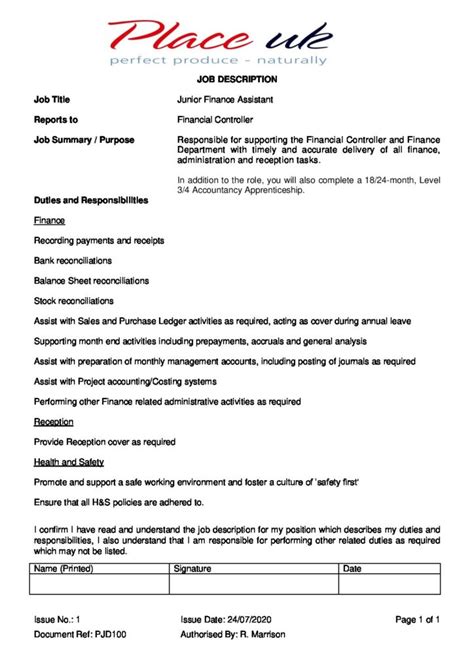 The job description of a finance assistant covers providing a combination of finance and administrative assistance to his or her coworkers. Junior Finance Assistant (Apprenticeship) Job Description ...