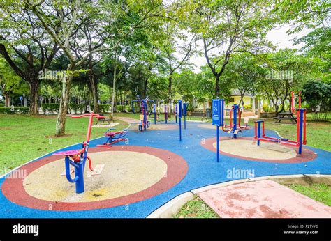 Colorful Children Playground In Public Park Surrounded By Green Trees