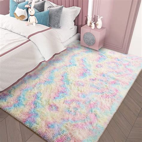 Soft Rainbow Area Rugs For Girls Room Fluffy Colorful Rugs Cute Floor