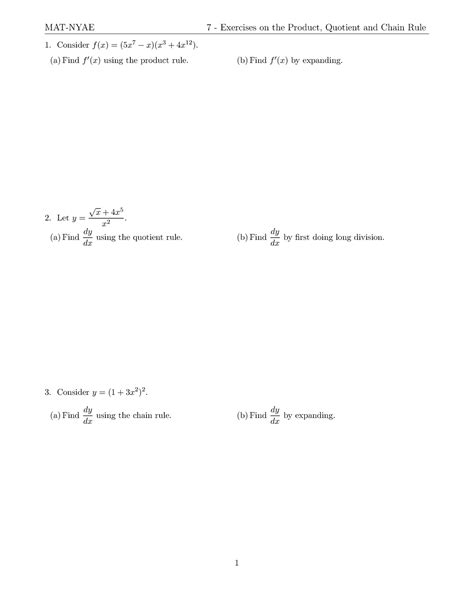 NYAE Lab7E Rules Of Derivatives MAT NYAE 7 Exercises On The Product