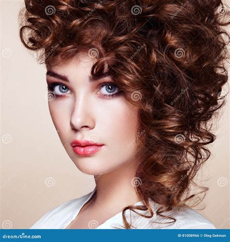 Brunette Woman With Curly And Shiny Hair Stock Photo Image Of Elegant