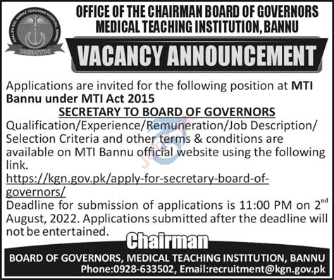 Medical Teaching Institution Mti Bannu Jobs Job Advertisement