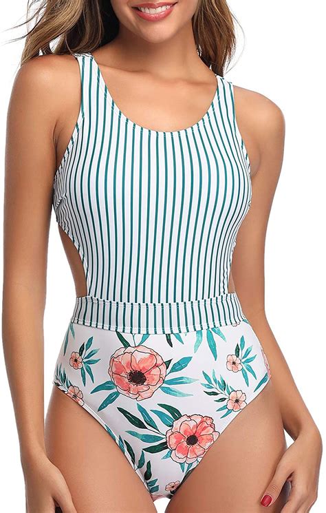 Women One Piece Swimsuit Cutout High Neck Printed Tummy Etsy
