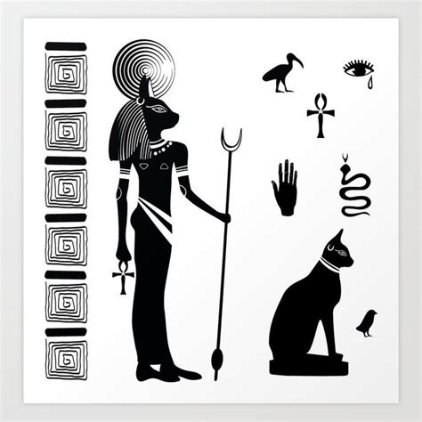Ancient Egyptian Goddess Bastet With A Cats Head And Ancient Egyptian Symbols Art Print By
