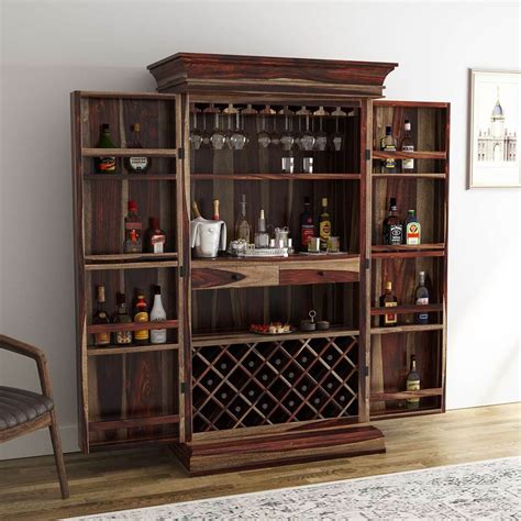 Ohio Rustic Solid Wood Tall And Large Wine Bar Cabinet