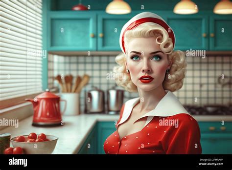 50s Style Beautiful Blonde Housewife Cooking With Tomatoes At The Kitchen Retro Pin Up Style
