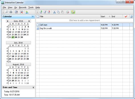 Interactive Calendar Online Help Main Window
