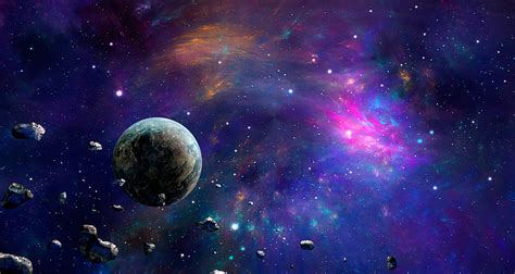 Space Scene Colorful Nebula With Planet And Asteroids