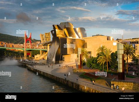 Guggenheim Bilbao Spain View At Sunset Of The Frank Gehry Designed