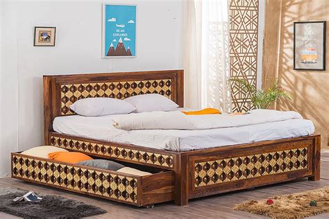 Buy Solid Wood Brass Bed A With Trolley Storage Online In India