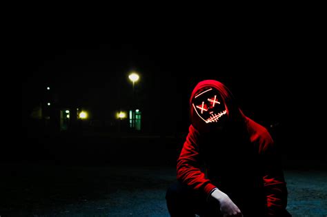 Wallpaper Dark Background Male Models Men Night Hoods Jacket Mask Red Neon Lights