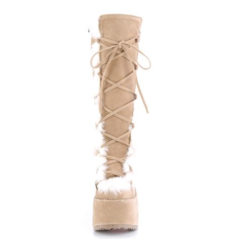 Camel Faux Fur Platform Knee High Platform Boots Camel Tan