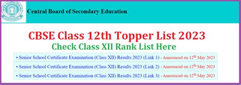 CBSE 12th Topper List 2023 Out CBSE XII Science Art Commerce Rank