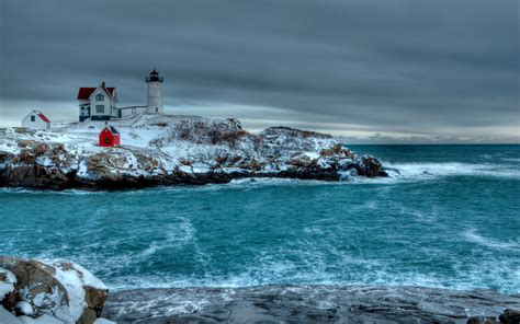 Winter Sea Rocky Coast Lighthouse Landscape Wallpaper 2560x1600