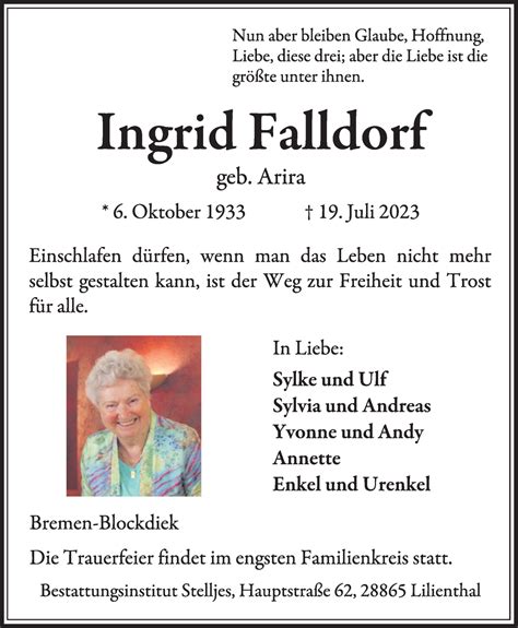 Traueranzeigen Von Ingrid Falldorf Trauer And Gedenken