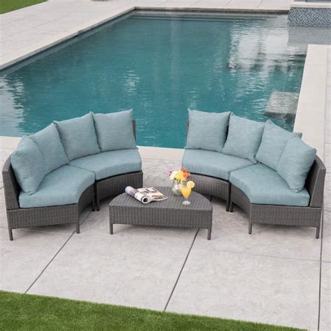 Noble House 5 Piece Wicker Patio Sectional Seating Set With Teal