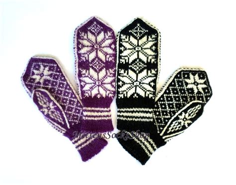 Hand Knit Wool Mittens Purple White Mittens Black White Etsy
