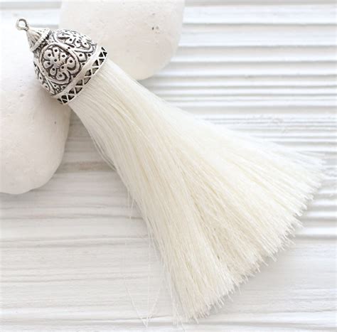 Extra Large Ivory Silk Tassel With Rustic Silver Tassel Cap Thick Silk Tassel Jewelry Tassel