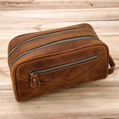 Vintage Leather Mens Clutch Bag Double Zipped Small Wristlet Handbag