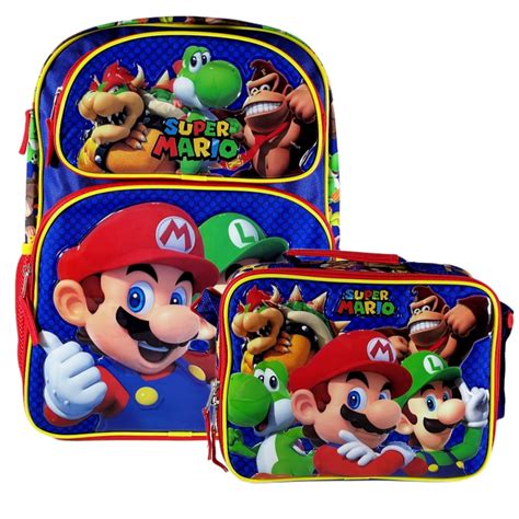 Super Mario Bros 16 Large School Backpack With Insulated Lunch Bag 2pc Set For Kids Mario Book
