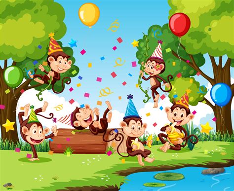 Monkey Group In Party Theme Cartoon Character On Forest Background