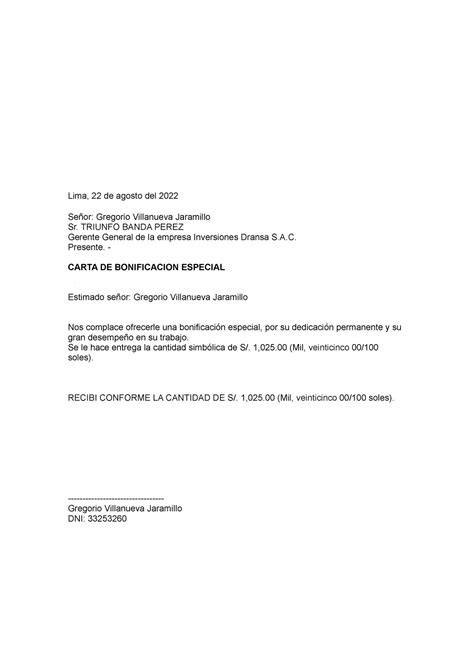 Carta Entrega De Bonificacion Lima 22 De Agosto Del 2022 Señor