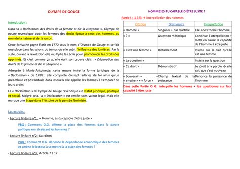 Lecture linéaire texte d'olympe de gouges | Résumés Français | Docsity