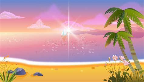 Summer Beach Banner With Ocean Boat Palm Trees Sand Flare Clouds
