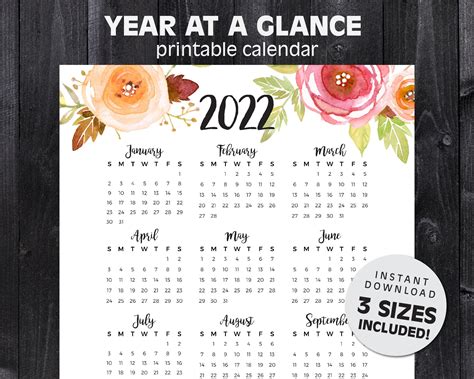 2022 Year At A Glance Calendar Printable Calendar Letter Etsy 2022