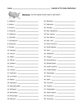 All fifty states are displayed, and the student's task is to name the capitals. 50 State Capitals Worksheet with Detailed Answer Key by ...