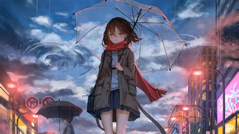 Anime Girl With Red Scarf Under Umbrella Hd Anime Girl Wallpapers Hd