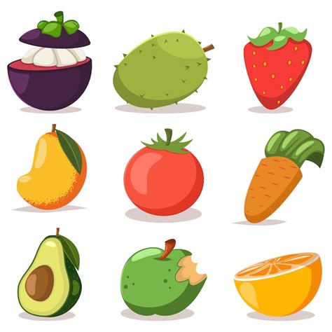 Conjunto De Iconos Planos De Dibujos Animados De Frutas Y Verduras