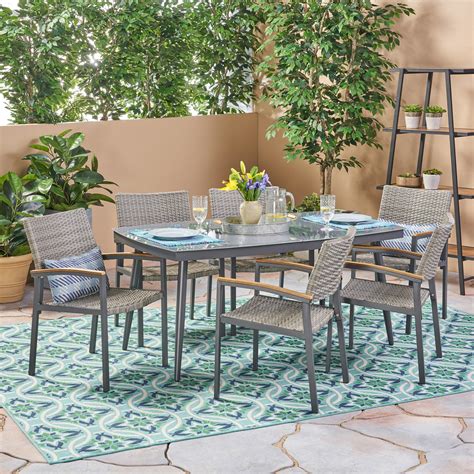Dominic Outdoor 7 Piece Aluminum and Wicker Dining Set with Glass Top ...
