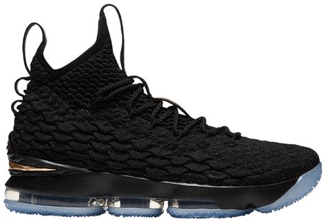 This nike lebron 15 features a black battleknit upper for a sleek look which is then complemented by hits of metallic gold on the lj branding on the laces, the branding. LeBron 15 'Metallic Gold' - Nike - 897648 006 | GOAT