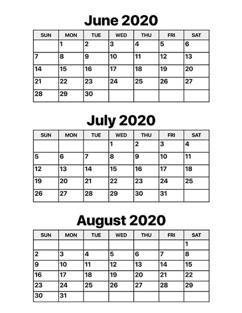 Free June July August 2020 Calendar Printable Templates In