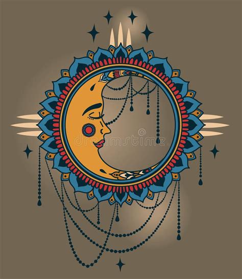 Poster With Boho Style Moon With Face And Jewels Stock Vector