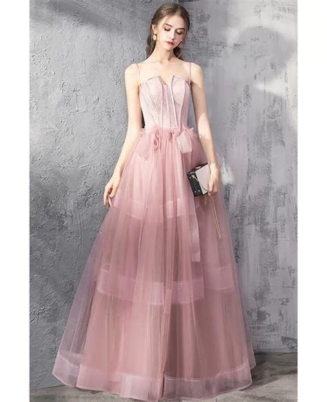 Rose Pink Tulle Party Prom Dress Corset With Spaghetti Straps Dm