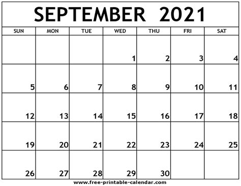 September 2021 Calendar 2021 Printable Calendars