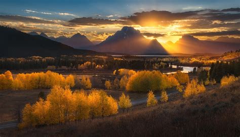 Wallpaper Sunlight Trees Landscape Forest Fall Mountains Sunset