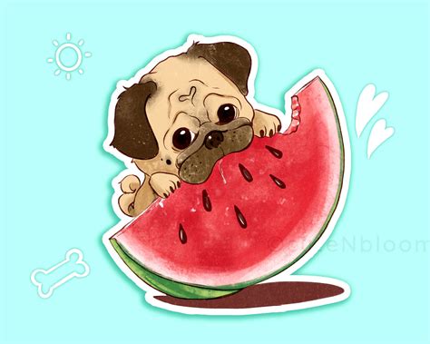 Pug Watermelon Sticker Cute Dog Sticker Kawaii Stationery Etsy