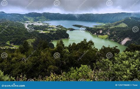 Green Lake And Blue Lake Sete Cidades Azores Archipelago Port Stock
