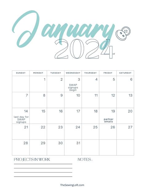 January Monthly Calendar 2024 The Sewing Loft
