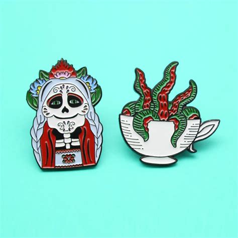 Skeleton Witch Teacup Octopus Tentacles Badges Enamel Pin Rose Skull Wizard White Cup Antenna