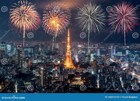Tokyo At Night Fireworks New Year Celebrating Over Tokyo Cityscape At